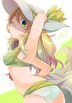  armpits bikini blonde_hair green_eyes hat hoshii_miki idolmaster idolmaster_(classic) kashiwagi_kano long_hair midriff one_eye_closed solo sun_hat swimsuit 