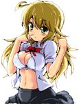  ahoge blonde_hair blush bow bra green_eyes hoshii_miki idolmaster idolmaster_(classic) lingerie long_hair lowres midriff navel school_uniform solar_kaichuudentou solo underwear 