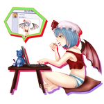  aneogyps armpits bat_wings blue_hair bow camisole computer food hat panties pillow pocky red_eyes remilia_scarlet solo striped striped_panties stuffed_animal stuffed_toy teddy_bear touhou transparent_background underwear underwear_only wings 