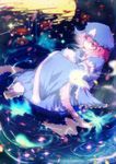  bad_id bad_pixiv_id bug butterfly cherry_blossoms flower ghost hat highres hitodama hundun_yinzi insect japanese_clothes moon petals pink_eyes pink_hair reflection saigyouji_yuyuko solo touhou triangular_headpiece water 
