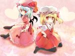  ascot bat_wings black_legwear blonde_hair blue_hair bow dress flandre_scarlet hand_on_hip hat heart multiple_girls pantyhose red_eyes remilia_scarlet risutaru short_hair siblings side_ponytail sisters sitting smile thighhighs touhou wariza wings 