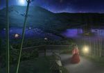  bamboo black_hair blouse eientei highres houraisan_kaguya lake landscape long_hair moon night red_eyes rice_paddy scenery solo star_(sky) stone_lantern suehan touhou 