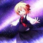  :d blonde_hair fang hair_ribbon kuroyume_(dark495) milky_way necktie night night_sky one_eye_closed open_mouth outstretched_arms red_eyes red_neckwear ribbon rumia short_hair sky smile solo spread_arms star_(sky) starry_sky touhou 