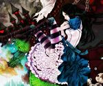  alice:_madness_returns alice_(wonderland) alice_in_wonderland apt blue_dress boots castle doll dress frills gothic green_eyes heart high_heels long_hair petticoat profile shoes short_sleeves solo striped striped_legwear thighhighs 