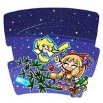  1girl bamboo blush bow chibi closed_eyes commentary_request crossover dora_ita fang horn_ornament horn_ribbon horns ibuki_suika jirachi long_hair open_mouth orange_hair pokemon pokemon_(creature) ribbon shooting_star sky smile star_(sky) starry_sky tag tanabata tanzaku touhou wrist_cuffs 