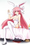  akemi_homura animal_ears bare_shoulders blood breasts bunny_ears bunnysuit cleavage detached_collar hayashiya_zankurou highres kaname_madoka long_hair mahou_shoujo_madoka_magica medium_breasts multiple_girls nosebleed pink_eyes pink_hair thighhighs two_side_up ultimate_madoka 