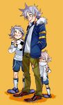  age_progression ball fubuki_atsuya fubuki_shirou gisu grin highres inazuma_eleven inazuma_eleven_(series) inazuma_eleven_go jacket male_focus pants scarf smile soccer_ball soccer_uniform sportswear telstar white_hair 