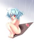  blue_eyes blue_hair breasts heterochromia highres karakasa_obake large_breasts masakaze_ryou nude rain red_eyes shadow short_hair smile solo tatara_kogasa tears tongue touhou umbrella 