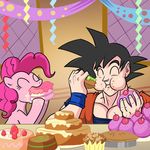  1girl ^_^ black_hair cake closed_eyes crossover cupcake dragon_ball dragon_ball_z eating food happy madmax my_little_pony my_little_pony_friendship_is_magic pie pink_hair pinkie_pie pony son_gokuu spiked_hair trait_connection 