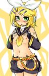  adapted_costume belt blonde_hair blush bow censored convenient_censoring crotchless_pants face flat_chest green_eyes hair_bow kagamine_rin no_panties okiraku_nikku revealing_clothes sketch solo vocaloid 