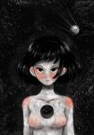  black_background black_eyes black_hair breasts closed_mouth commentary crisalys english_commentary grey_skin looking_to_the_side medium_breasts nipples nude original short_hair shoulder_blush sky solo space space_craft star star_(sky) starry_background starry_sky upper_body 