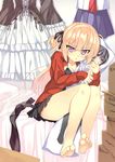  :&lt; barefoot bed blonde_hair box breasts chemise cleavage dakimakura_(object) dlsite.com feet gothic_lolita hair_ribbon highres jacket lolita_fashion medium_breasts original pillow pillow_hug purple_eyes ribbon school_uniform serafuku sitting solo takeda_aranobu tsurime twintails 