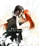  1girl bad_id bad_pixiv_id black_hair couple dress flower hand_on_another's_cheek hand_on_another's_face harry_potter hetero highres lily_evans long_hair red_hair severus_snape smile takagi_(0takagi0) tears 