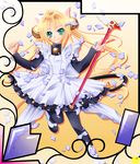  animal_ears bell blonde_hair cardcaptor_sakura cat_ears cosplay dejiko dejiko_(cosplay) di_gi_charat dress fuuin_no_tsue green_eyes highres jingle_bell kinomoto_sakura kinomoto_sakura_(cosplay) long_hair magical_girl mizuki_(midukimaru) original pantyhose petals solo twintails wand 