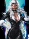  black_bodysuit black_cat_(marvel) black_choker bodysuit breasts choker cleavage curvy elbow_gloves felicia_hardy fur-trimmed_sleeves fur_trim gloves green_eyes hair_twirling hand_on_hip large_breasts lips long_hair looking_at_viewer marvel mask md5_mismatch parted_lips signature solo standing stanley_lau white_gloves white_hair 