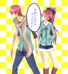  1girl bad_id bad_pixiv_id checkered checkered_background dual_persona embarrassed genderswap genderswap_(ftm) hair_ribbon hand_in_pocket holding_hands long_hair mahou_shoujo_madoka_magica ponytail red red_hair ribbon sakura_kyouko sakura_kyousuke scarf selfcest short_hair translated yuiyuimoe 