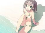  bad_id bad_pixiv_id bare_shoulders beach bikini blush brown_hair flat_chest from_above front-tie_top green_eyes looking_up navel open_mouth original ponytail rugo scrunchie side-tie_bikini sitting solo swimsuit thighs 