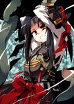  armor arms_up black_hair brown_eyes clenched_teeth japanese_clothes long_hair md5_mismatch ponytail sekaiju_no_meikyuu shogun_(sekaiju) solo sword teeth tentacles tomoshibi_hidekazu weapon 