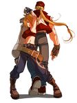  1girl armpits back-to-back bag baseball_cap belt blonde_hair blue_mary boots couple denim duffel_bag falcoon fatal_fury fingerless_gloves from_behind gloves hair_over_one_eye halter_top halterneck hat hetero jeans midriff navel pants sleeveless terry_bogard 