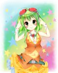  bad_id bad_pixiv_id blush goggles goggles_on_head green_eyes green_hair gumi highres looking_at_viewer short_hair smile solo star umxzo vocaloid 