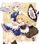  3: :o bad_id bad_pixiv_id blonde_hair blue_eyes braid cup glomp hat hat_removed headwear_removed hug hug_from_behind izayoi_sakuya kirisame_marisa long_hair maid maid_headdress mary_janes multiple_girls shoes short_hair side_braid silver_hair spill star teacup teapot tears touhou tray tsuchifumazu twin_braids white_hair witch_hat yellow_eyes 