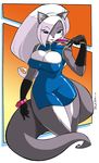  :p big_thighs blue_eyes bracelet breasts chinese_clothing chinese_dress chloe_sinclaire clothing female hair jewelry long_hair long_white_hair mammal shonuff skunk solo tongue tongue_out white_hair 