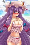  beach bespectacled bikini blush bow breasts crescent embarrassed glasses hair_bow hat kurowana large_breasts long_hair midriff ocean patchouli_knowledge purple_eyes purple_hair solo swimsuit touhou very_long_hair 