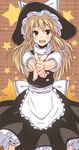  bad_hands bad_proportions blonde_hair blush finger_gun foreshortening hat kirisame_marisa lockheart long_hair open_mouth smile solo star touhou witch witch_hat yellow_eyes 