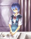  ayanami_rei bad_id bad_pixiv_id blue_hair cooking counter cutting cutting_board cutting_onions food knife neon_genesis_evangelion onion red_eyes school_uniform short_hair sink solo tears yosa 