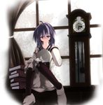  bloomers blue_eyes book clock curtains grandfather_clock mahou_sensei_negima! miyazaki_nodoka purple_hair short_hair solo underwear window yuzuhara902 