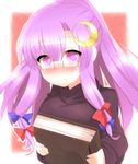  bad_id bad_pixiv_id bespectacled blush book crescent crescent_hair_ornament glasses hair_ornament long_hair patchouli_knowledge pink_eyes pink_hair ryuji_(ikeriu) solo sweater touhou 