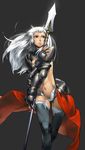  armor cozy dark_skin elf highres long_hair navel original pointy_ears polearm silver_hair solo spear thighhighs weapon yellow_eyes 