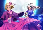  axis_powers_hetalia belarus_(hetalia) blonde_hair blue_eyes bouquet capelet elbow_gloves flower full_moon gloves green_eyes hair_flower hair_ornament highres lace liechtenstein_(hetalia) long_hair moon multiple_girls night short_hair star tomoki_(kuseayumi) 