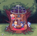  bad_id bad_pixiv_id blonde_hair book chibi cirno cross-section cup house jar kou_2008 ladder luna_child multiple_girls nature pixel_art star_sapphire sunny_milk table touhou tree window 