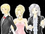  1girl 2boys bare_shoulders blonde_hair blue_eyes bow bow_tie bowtie cain_highwind cecil_harvey dress eyes_closed female final_fantasy final_fantasy_iv formal gloves jewelry long_hair male mkn multiple_boys necklace open_mouth orange_eyes ponytail rosa_farrell silver_hair suit wink 