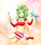  bare_shoulders bird blue_eyes choker detached_sleeves earrings female final_fantasy final_fantasy_vi full_body gradient gradient_background green_hair high_heels highres inaba_(pixiv492064) jewelry long_hair midriff necklace pantyhose pink_ribbon ponytail ribbon shoes shoulder_pads sitting solo sword tiara tina_branford tubetop weapon 