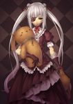  aka_(shoumae) bad_id bad_pixiv_id dress eyepatch gloves green_eyes long_hair original silver_hair solo stuffed_animal stuffed_bunny stuffed_toy twintails 