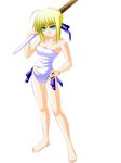  ahoge artoria_pendragon_(all) bare_shoulders barefoot blonde_hair bokken engo_(aquawatery) fate/stay_night fate_(series) full_body green_eyes hand_on_hip looking_at_viewer one-piece_swimsuit saber shinai simple_background solo standing swimsuit sword weapon white_background wooden_sword 