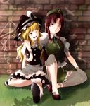  against_wall ai_ai_gasa arm_around_neck bad_id bad_pixiv_id blonde_hair blush braid brick_wall china_dress chinese_clothes dress friends hat hong_meiling kirisame_marisa long_hair mary_janes multiple_girls purple_eyes red_hair rozen5 shade shoes sitting touhou twin_braids witch_hat 
