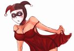  1girl bare_shoulders batman_(series) blue_eyes breasts cleavage dc_comics female harley_quinn hat huge_breasts jester_cap lingerie mask no_panties see-through solo underwear yamaneko_tora 