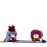  calligraphy_brush chibi eating hieda_no_akyuu kamishirasawa_keine multiple_girls paintbrush scroll simple_background socha too_literal touhou writing 