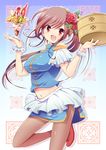  bad_id bad_pixiv_id bamboo_steamer bare_shoulders brown_hair chinese_clothes flower food hair_flower hair_ornament hiroichi ice_cream long_hair midriff miniskirt navel open_mouth original pantyhose parfait ponytail red_eyes side_slit skirt smile solo waitress wrist_cuffs 