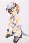  blue_eyes brown_hair collar hat higurashi_no_naku_koro_ni kurishiro leotard playboy_bunny_leotard ryuuguu_rena short_hair solo thighhighs wristband 