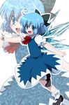  :d ahoge bad_id bad_pixiv_id blue_eyes blue_hair bow cirno hair_bow marimo_danshaku mary_janes open_mouth pointing shoes short_hair smile solo touhou wings zoom_layer 