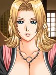  1girl between_breasts bleach blonde_hair blue_eyes breasts cleavage close-up close_up cute female gaden highres jewelry large_breasts lips long_hair matsumoto_rangiku mole necklace perfection solo 