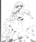  1girl braid chinese_clothes dress greyscale hug monochrome morie ranma_1/2 saotome_ranma scan school_uniform short_hair simple_background single_braid sketch tendou_akane white_background 