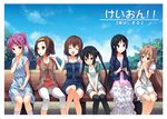  ^_^ akiyama_mio bench black_eyes black_hair blonde_hair blue_eyes blush brown_hair casual closed_eyes dress food hair_ornament hairband hairclip hirasawa_yui k-on! kotobuki_tsumugi long_hair miura_akane mouth_hold multiple_girls nakano_azusa parody pocky ponytail senji_(tegone_spike) sitting tainaka_ritsu thighhighs twintails zettai_ryouiki 