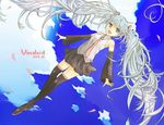  blue_hair cloud day detached_sleeves hachiko_(pixiv988361) hatsune_miku headphones legs long_hair necktie skirt sky solo thighhighs twintails very_long_hair vocaloid yellow_eyes 