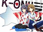  black_hair boots brown_eyes brown_hair casual denim food fruit gochou_(atemonai_heya) gochou_(comedia80) hirasawa_yui jeans k-on! listen!! long_hair nakano_azusa pants pantyhose polka_dot short_hair side_ponytail skirt strawberry 