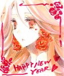  2010 bad_id bad_pixiv_id blonde_hair copyright_request earrings english face flower jewelry kana_(sekiyou) long_hair marker_(medium) new_year open_mouth orange_eyes red_eyes sketch solo traditional_media 